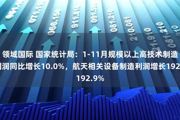 领域国际 国家统计局：1-11月规模以上高技术制造业利润同比增长10.0%，航天相关设备制造利润增长192.9%